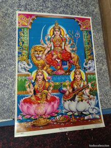 Carteles: ANTIGUO CARTEL POSTER RELIGIOSO HINDÚ, INDIA, TRES DIOSAS, THREE DEVI -K1